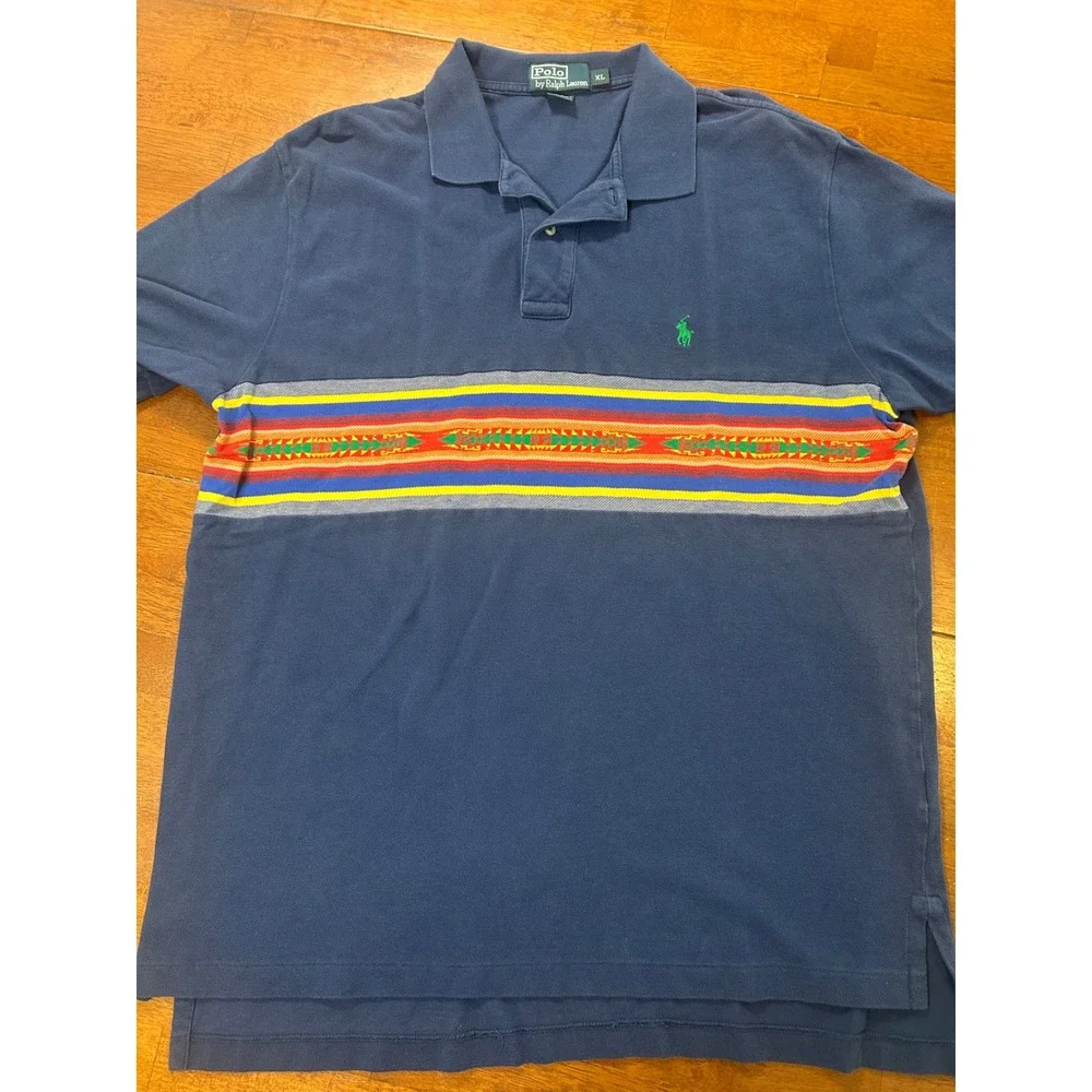 Polo Ralph Lauren Polo Shirt Mens XL Blue Aztec Stripe Southwestern Pony Logo